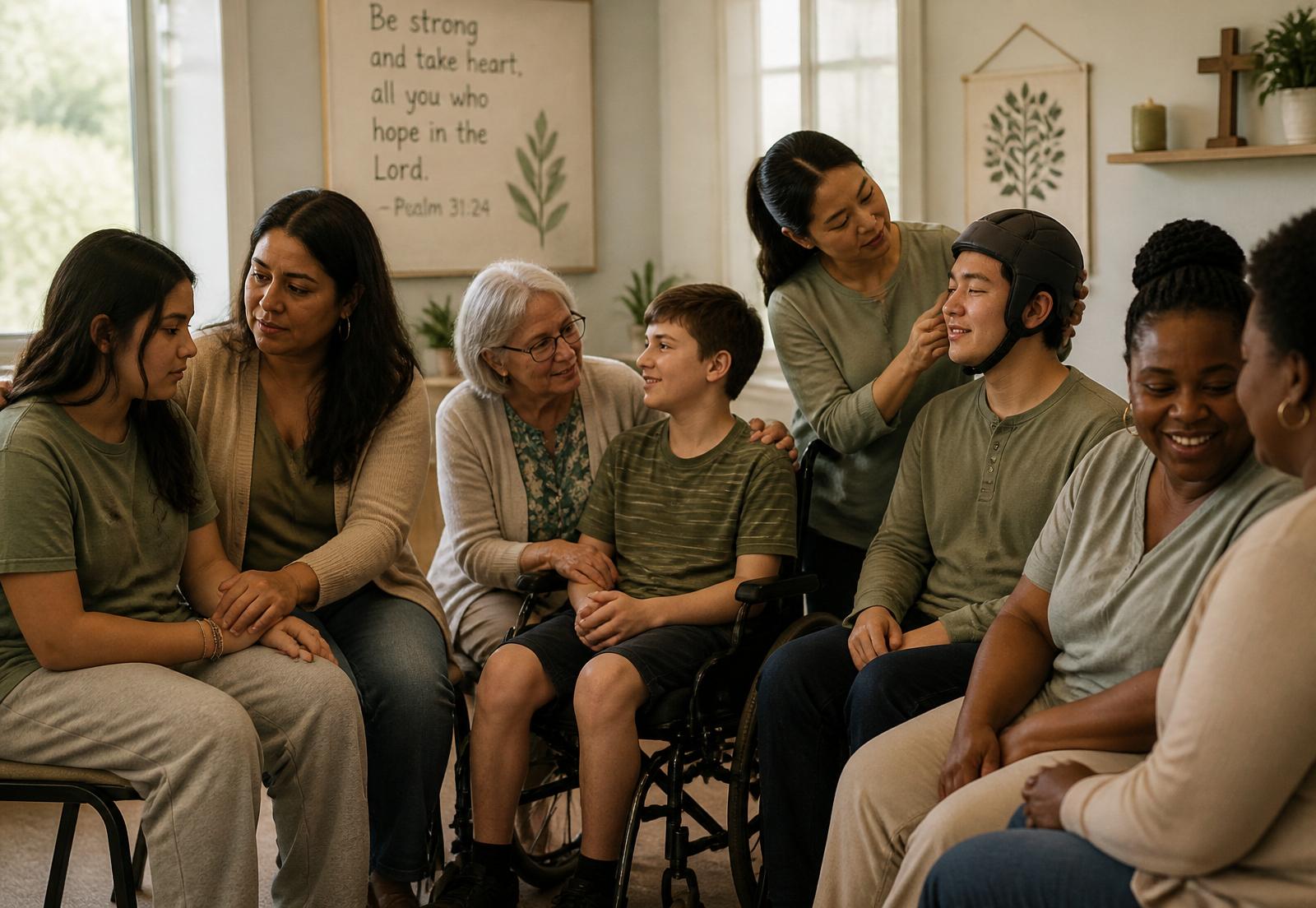 A diverse group of mothers, grandmothers, and survivors — including a young man wearing a soft protective helmet and a boy in a wheelchair — gathered in prayerful support of one another.